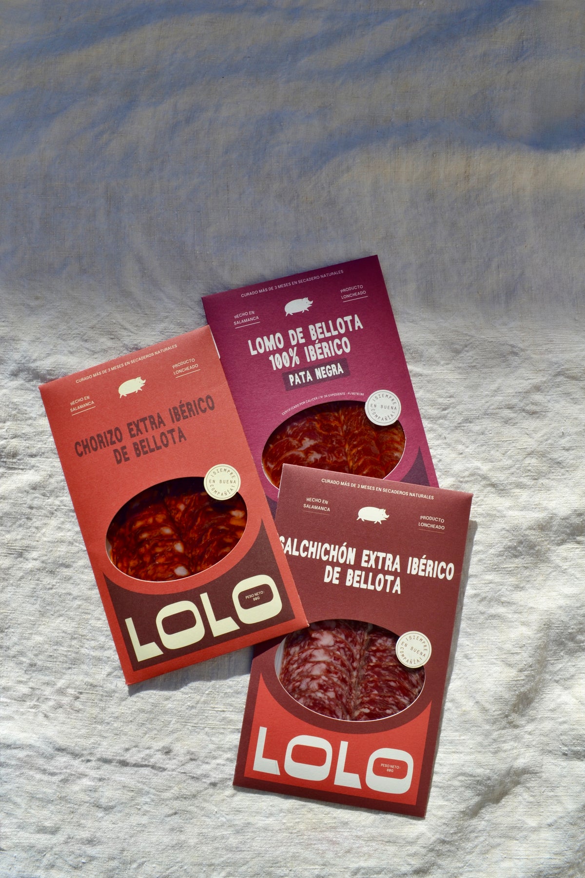 Packets of acorn-fed Iberico chorizo, salchichón and lomo