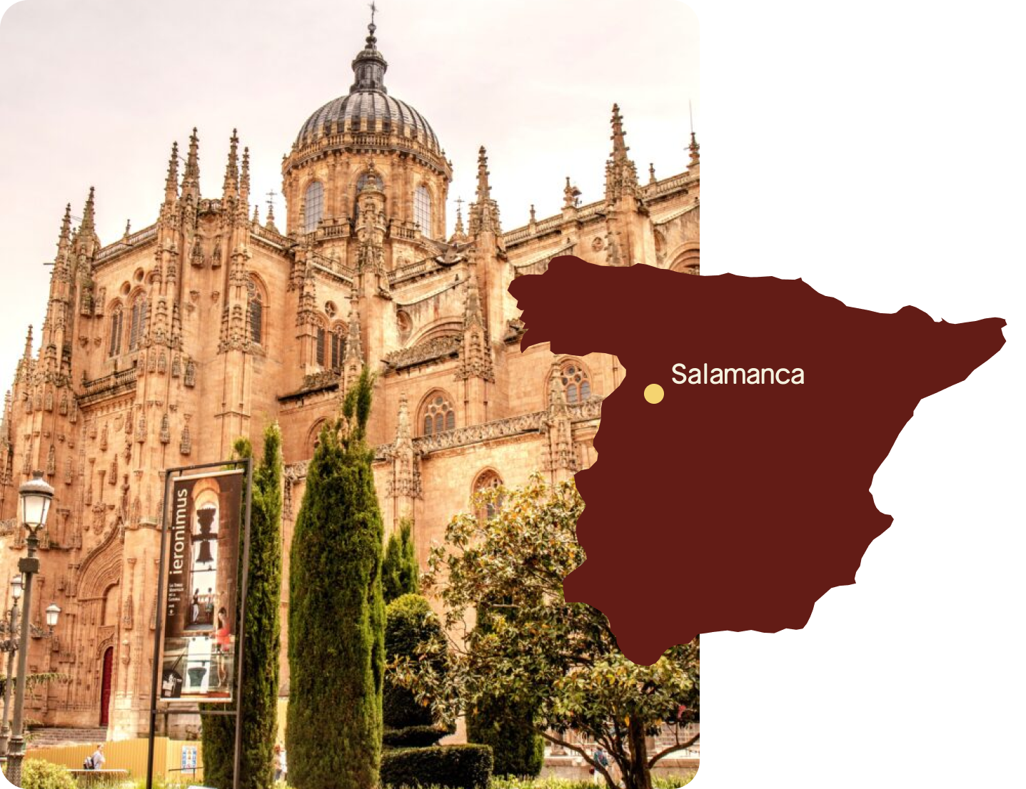 Une photo de la cathédrale de Salamanque en Espagne. Il y'a aussi une petite image d'une carte de l'espagne avec un point jaune indiquant où se trouve la ville de Salamanque, qui est la ville où sont élevés nos cochons LOLO